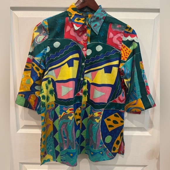 Ralph Lauren Tops - Ralph Lauren Colorful Abstract Artsy Bohemian Cotton Blouse Size Petite Small